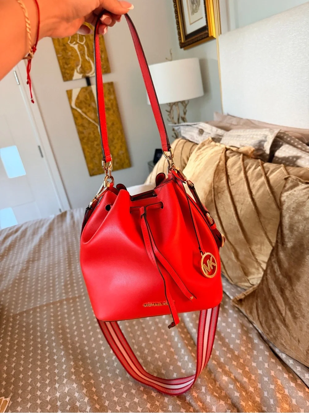 Michael Kors Red Leather Bucket Bag with Matching Wallet and Stripe Strap